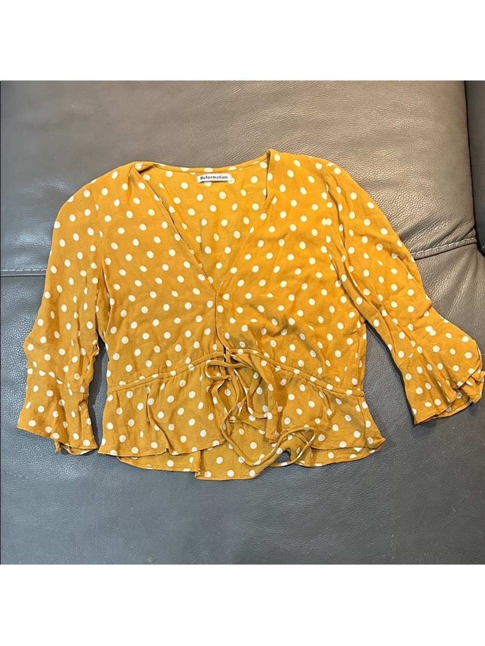 Reformation Yellow Polka Dot Tie-Front Blouse